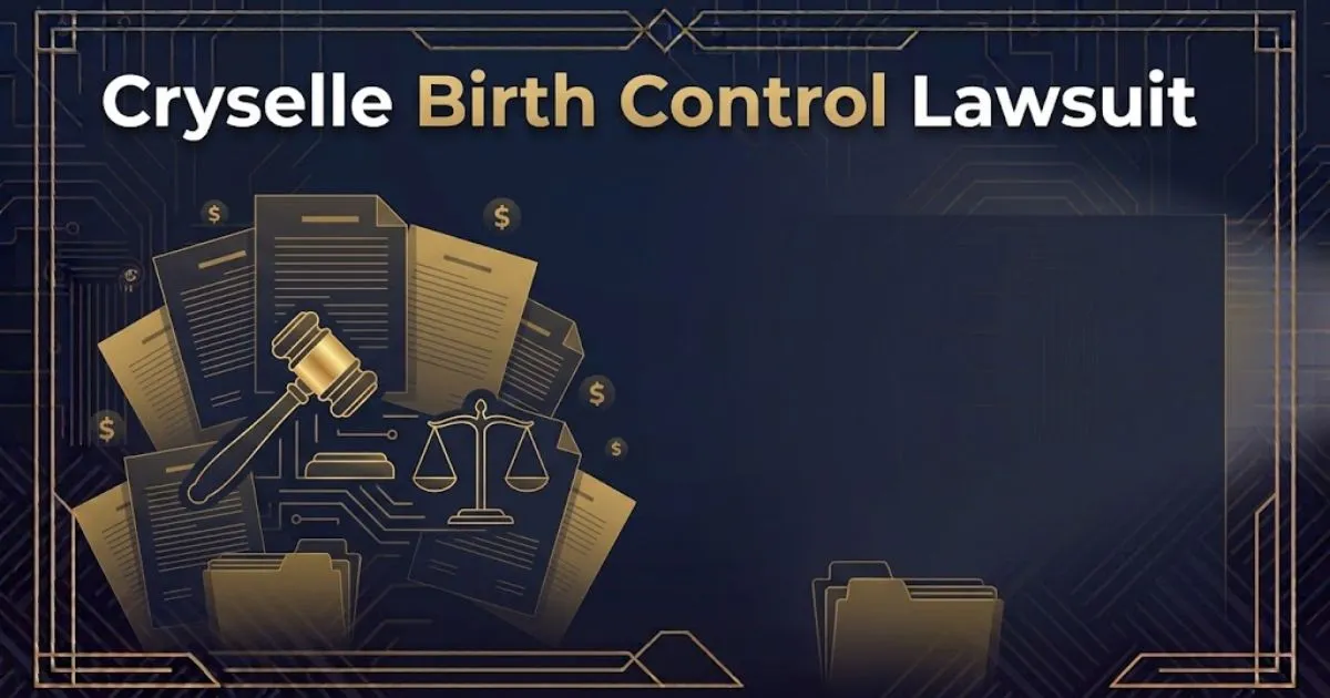 Cryselle birth control lawsuit banner with legal symbols on navy background