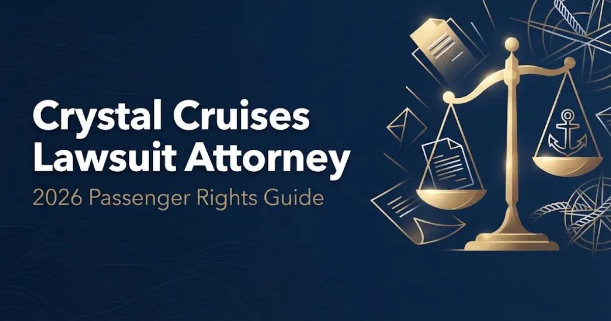 Crystal cruises lawsuit attorney 2026 guide banner with navy blue legal theme and gold scales of justice