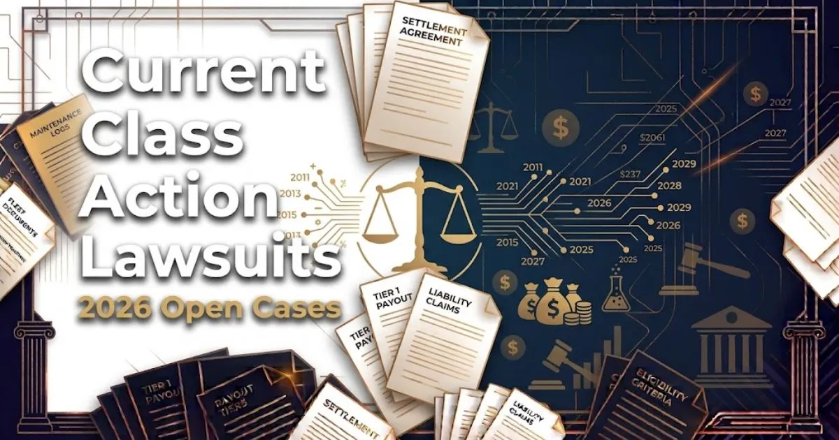 Current class action lawsuits 2026 hero banner with legal scales and document icons on navy background