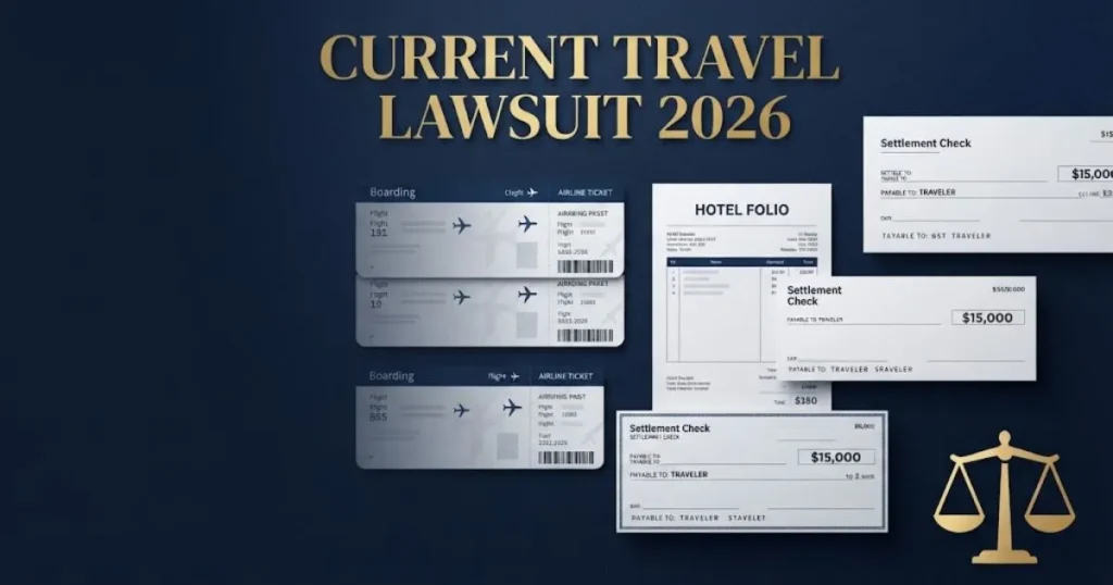 Current travel lawsuit 2026 graphic with travel documents and settlement check on navy background