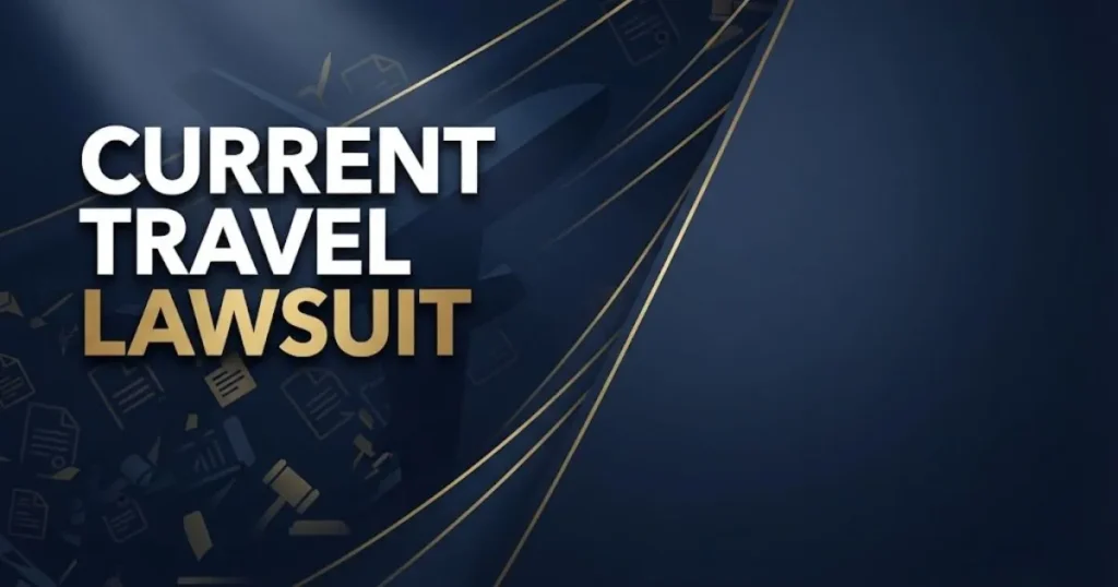Current travel lawsuit hero banner with airplane silhouette and legal symbols on navy background
