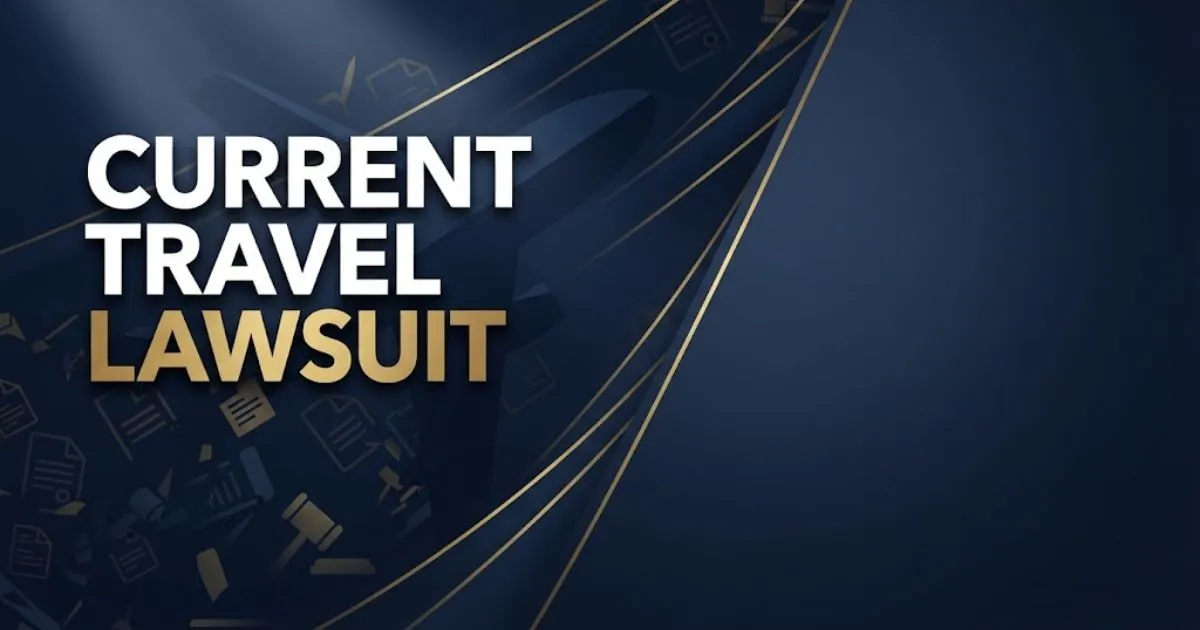 Current travel lawsuit hero banner with airplane silhouette and legal symbols on navy background