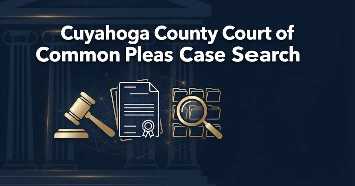 Cuyahoga County Court of Common Pleas Case Search banner with legal icons and navy gold design