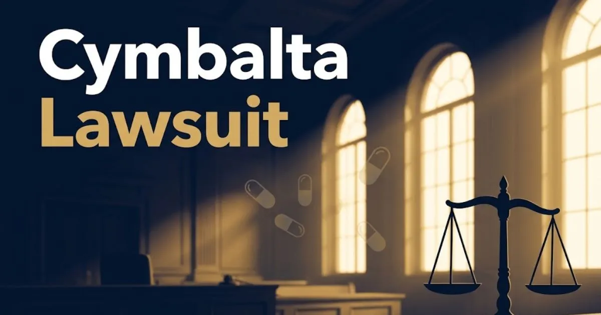Cymbalta lawsuit hero banner with navy courtroom background and gold scales of justice