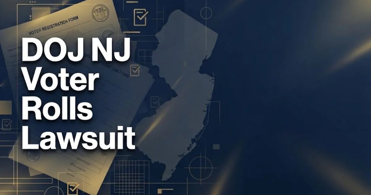 DOJ NJ voter rolls lawsuit hero banner with legal documents and New Jersey outline in navy and gold