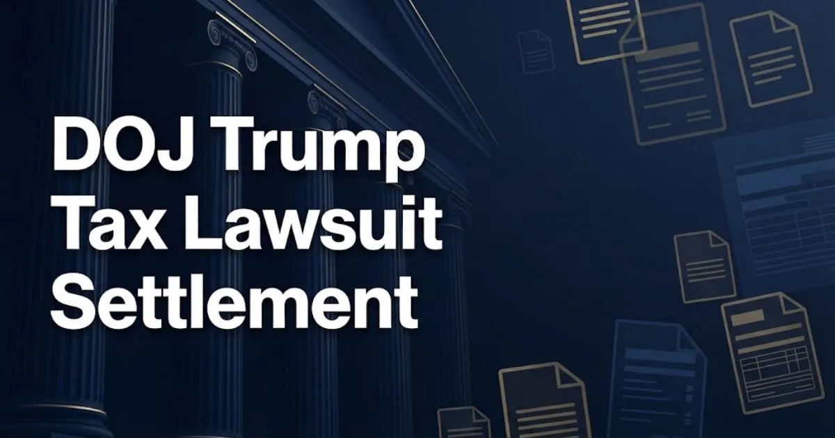 DOJ Trump tax lawsuit settlement hero banner with legal building columns and document icons in navy and gold