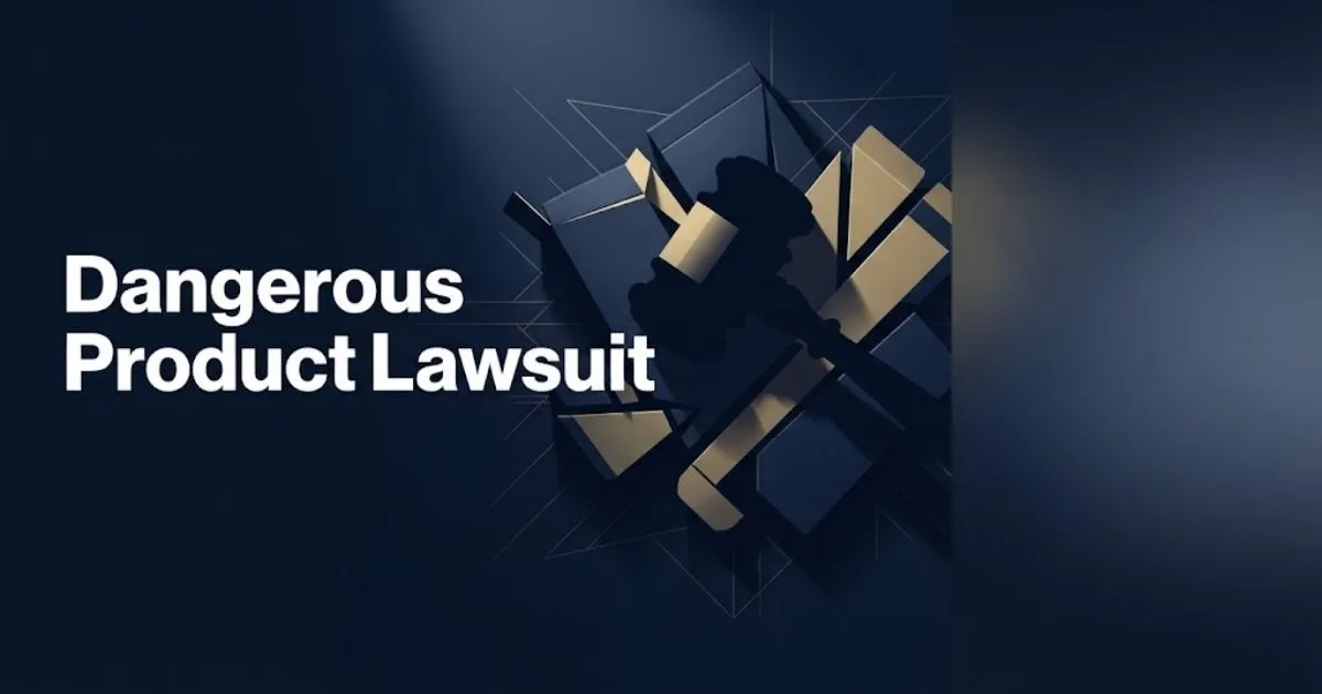 Dangerous product lawsuit hero banner with gavel silhouette and abstract product shapes in navy and gold
