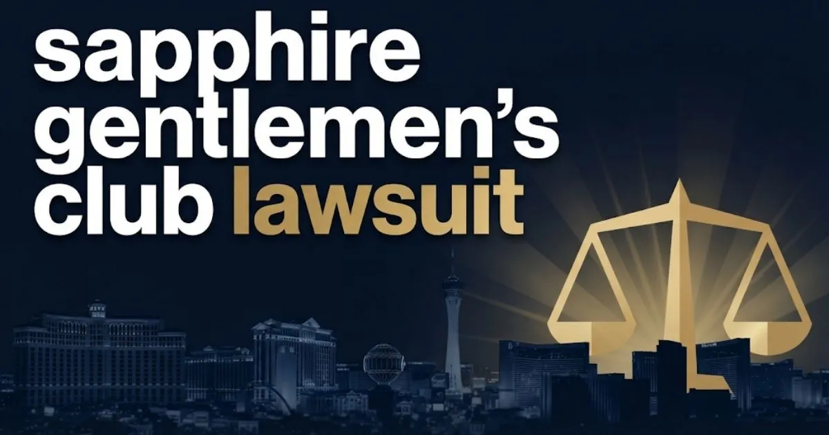 Dark navy banner with gold scales of justice and Las Vegas skyline for sapphire gentlemen's club lawsuit