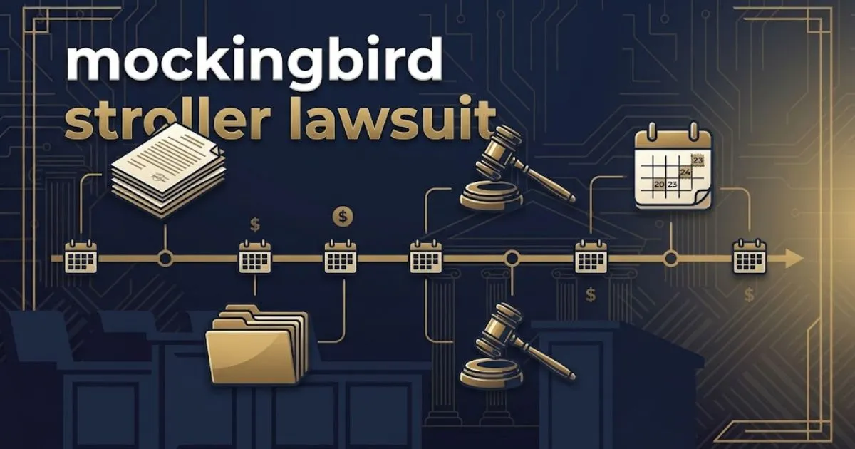 Dark navy editorial banner with bold text reading mockingbird stroller lawsuit and abstract courtroom imagery