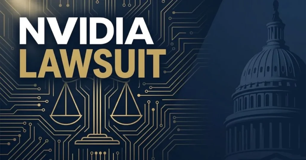 Dark navy editorial banner with gold legal scales and bold nvidia lawsuit headline text on circuit board background