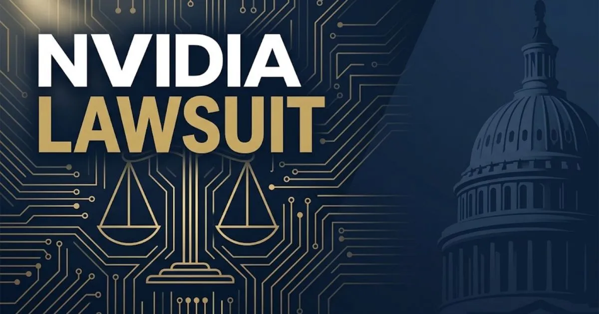 Dark navy editorial banner with gold legal scales and bold nvidia lawsuit headline text on circuit board background
