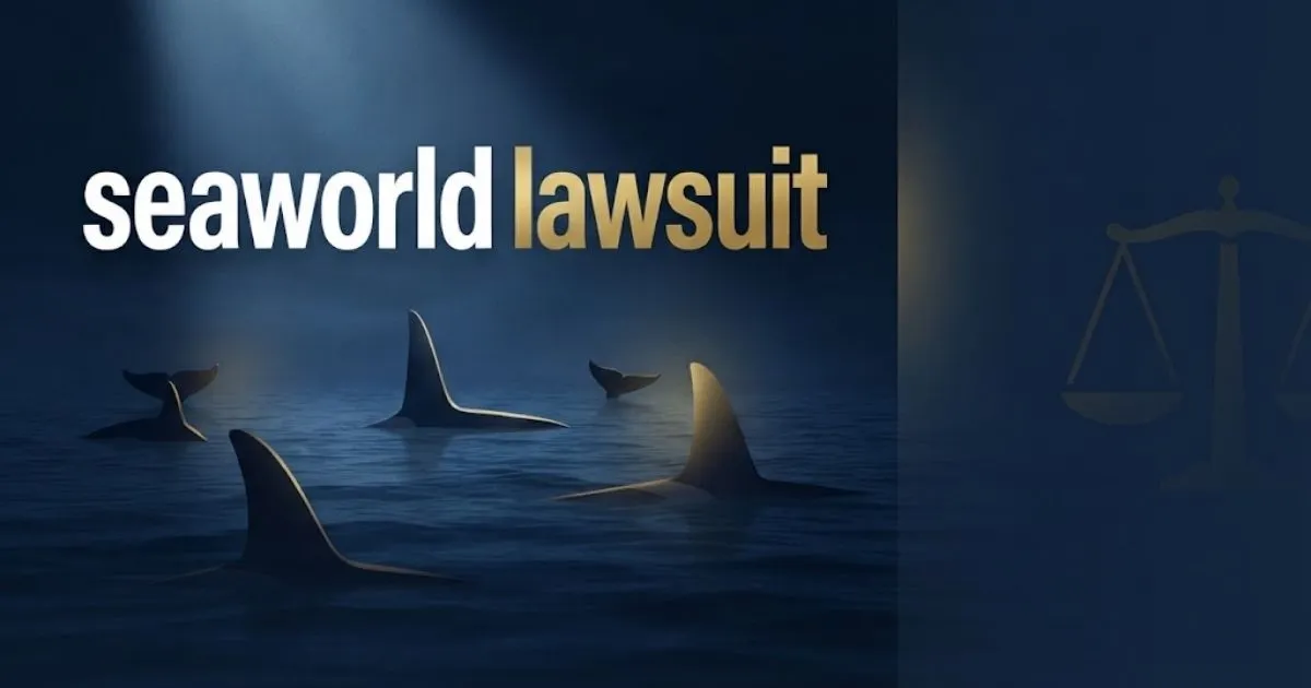 Dark navy ocean scene with orca fin silhouette and bold white text reading seaworld lawsuit headline