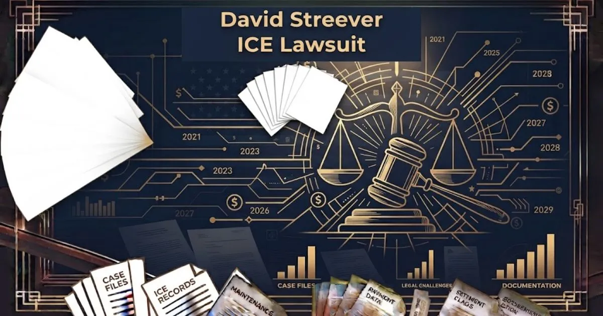 David Streever ICE lawsuit banner with scales of justice on navy background