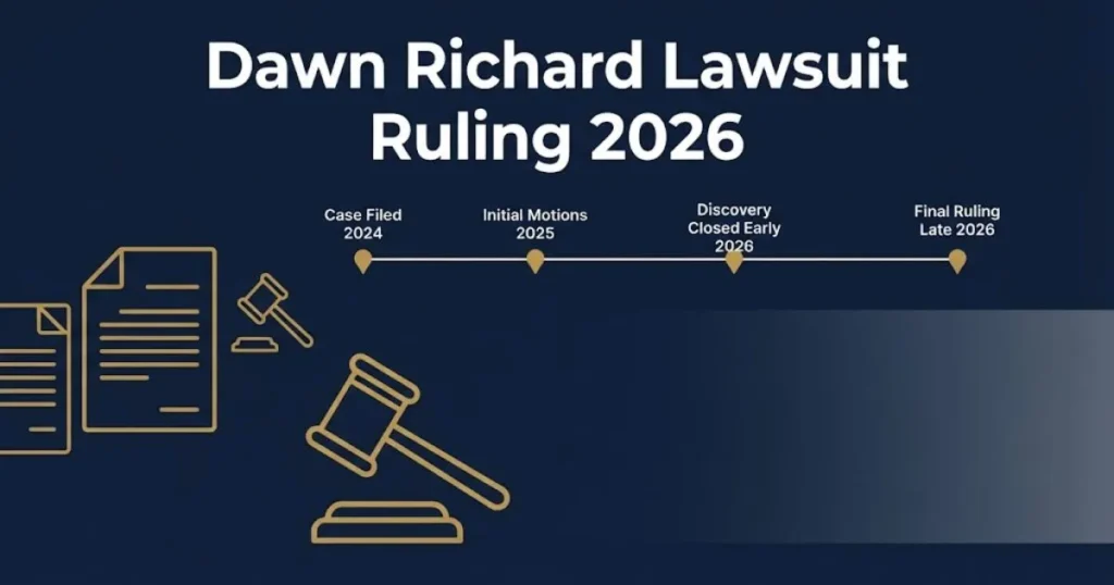 Dawn Richard lawsuit ruling 2026 timeline graphic with legal icons in navy blue and gold editorial style