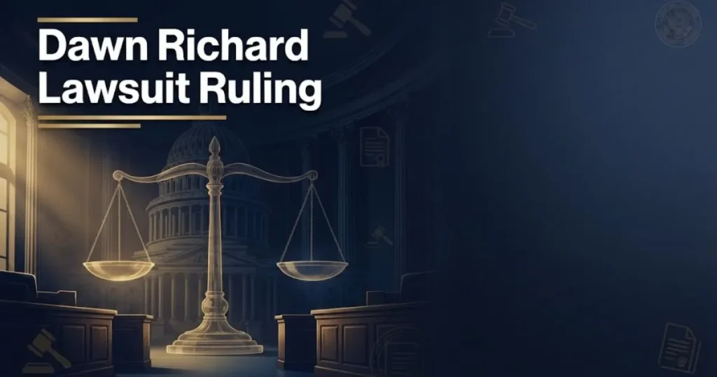 Dawn Richard lawsuit ruling headline over a stylized federal courtroom scene in navy and gold tones