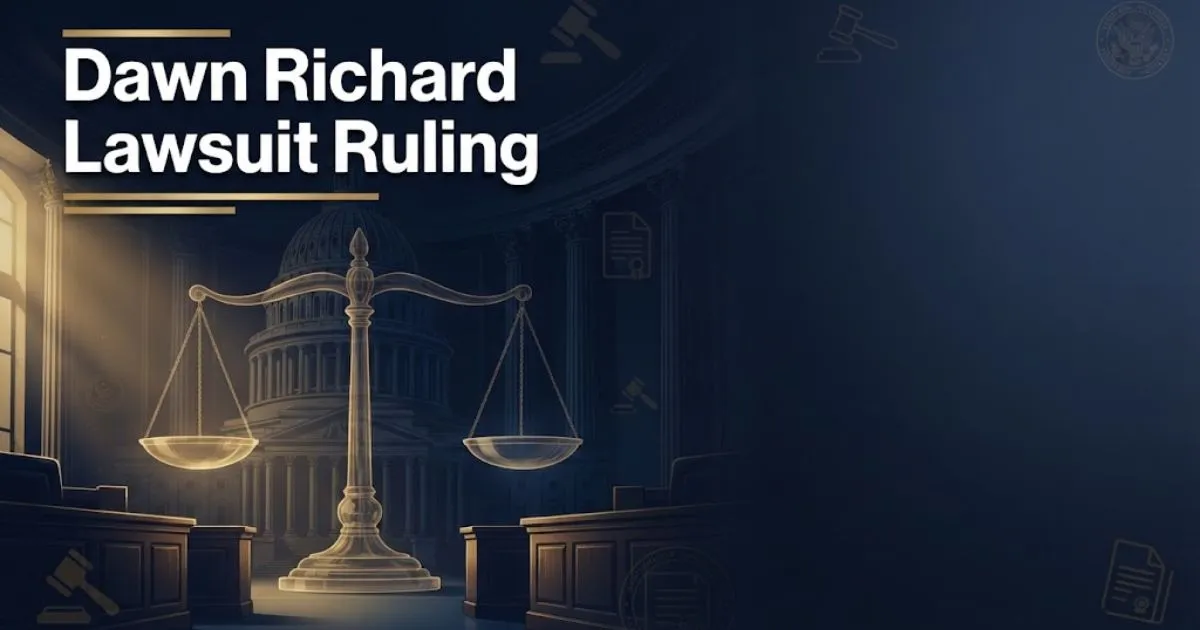 Dawn Richard lawsuit ruling headline over a stylized federal courtroom scene in navy and gold tones