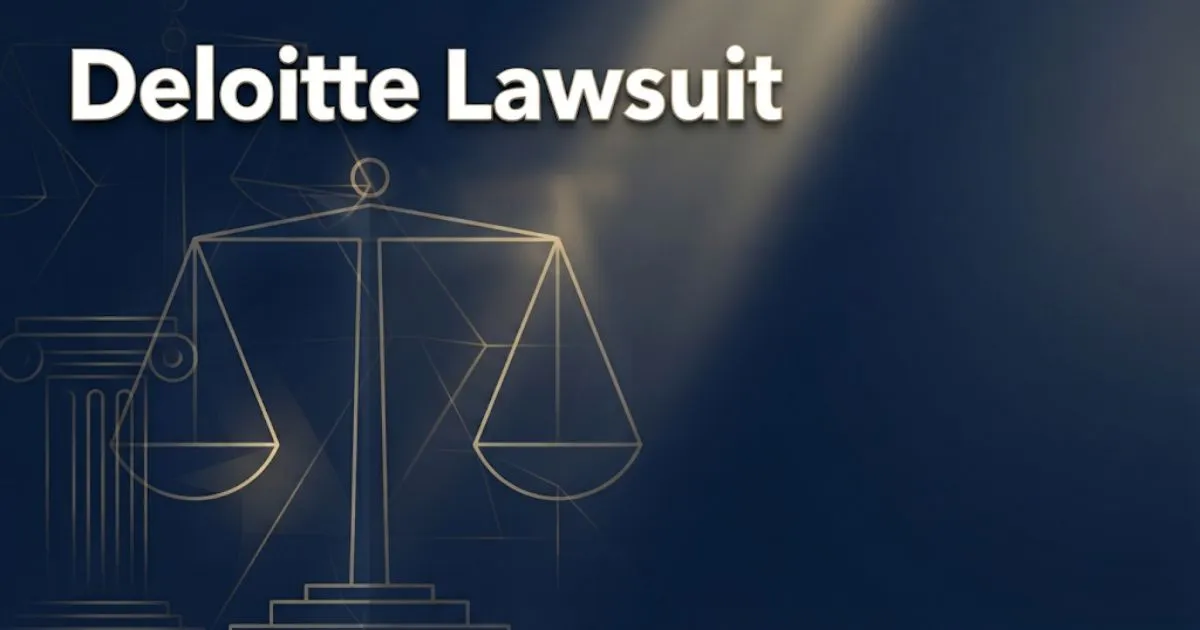 Deloitte Lawsuit hero banner with legal scales icon and navy gold editorial design