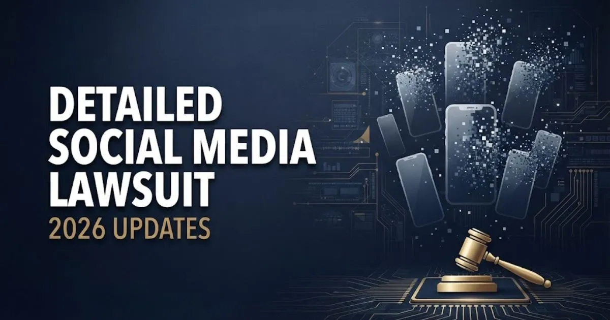 Detailed social media lawsuit hero banner with navy blue background, gold gavel icon, and floating smartphone silhouettes