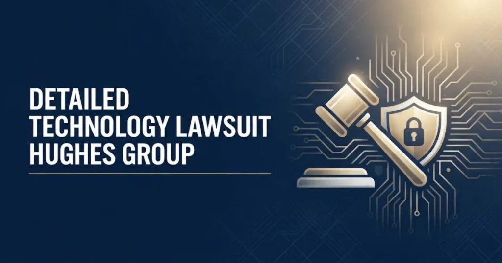Detailed technology lawsuit Hughes Group hero banner with legal and tech icons on navy background