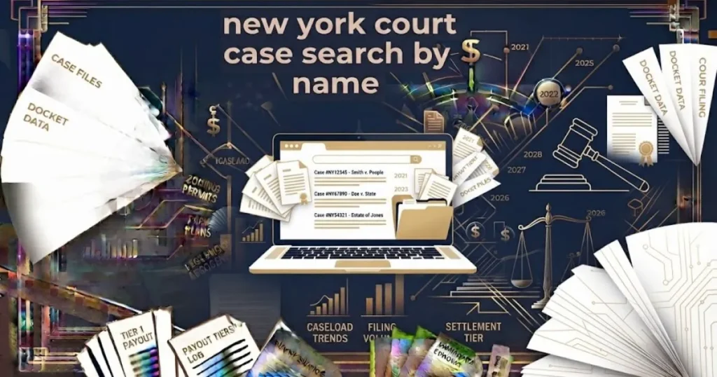 Digital illustration of new york court case search by name results on laptop screen with gold legal icons on navy