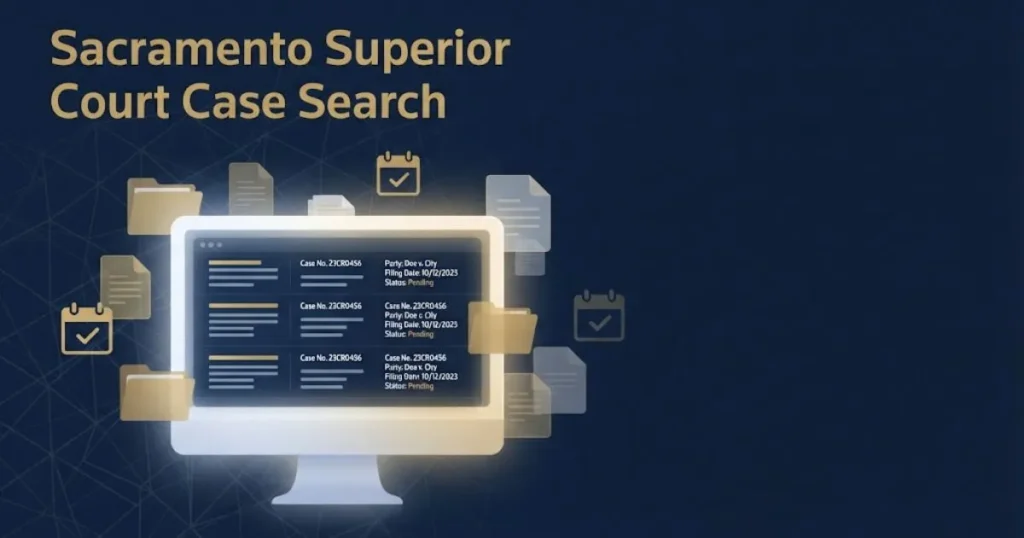 Digital records search graphic for Sacramento superior court case search with glowing screen and file icons