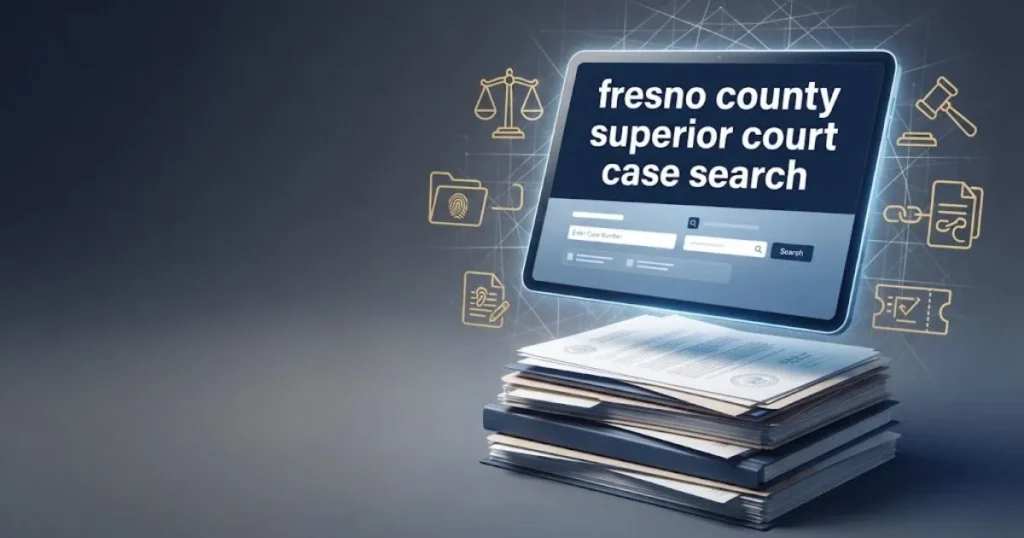 Digital search interface graphic displaying fresno county superior court case search with court document icons in navy and gold