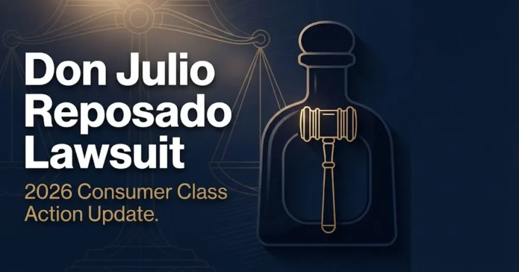 Don Julio Reposado lawsuit 2026 hero banner with legal scales and tequila bottle silhouette on navy background