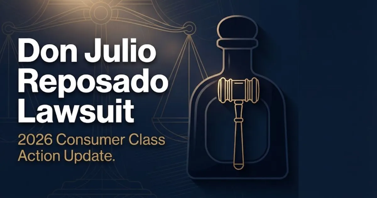 Don Julio Reposado lawsuit 2026 hero banner with legal scales and tequila bottle silhouette on navy background