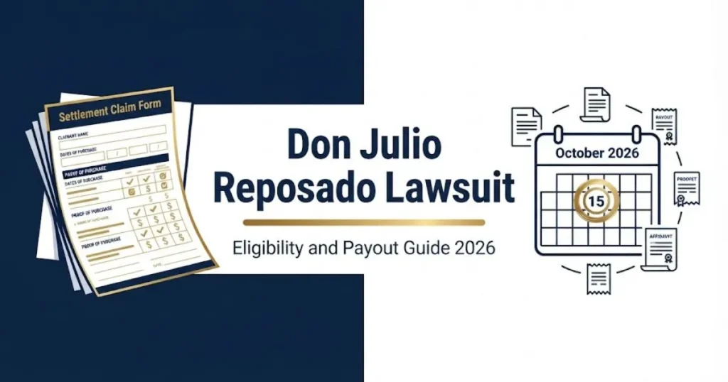 Don Julio Reposado lawsuit eligibility and payout guide graphic with claim form and calendar icons