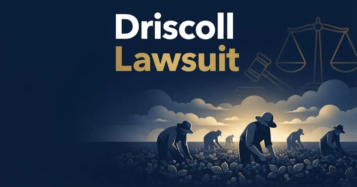 Driscoll lawsuit hero banner with agricultural worker silhouettes and legal symbols in navy and gold