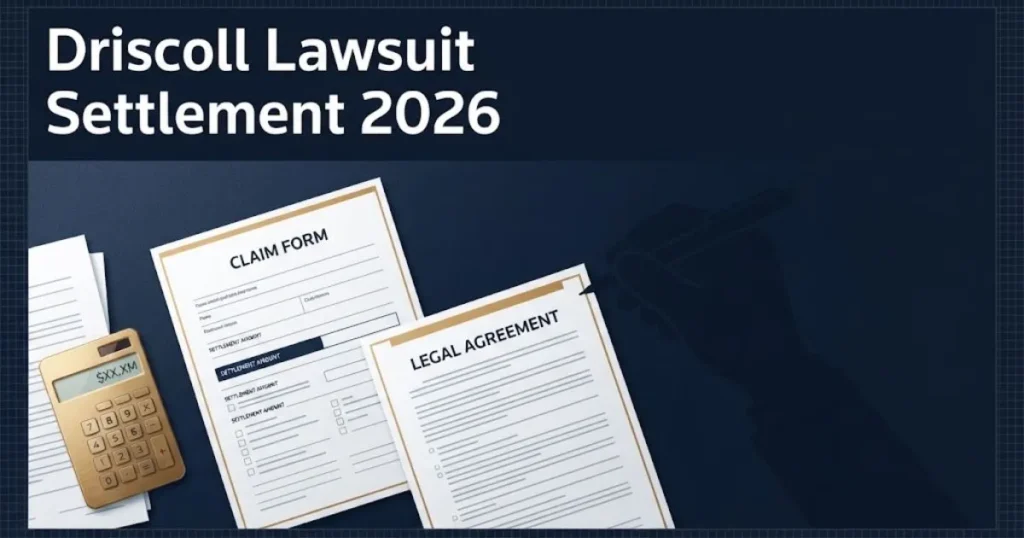 Driscoll lawsuit settlement 2026 graphic showing claim documents and legal forms in navy and gold