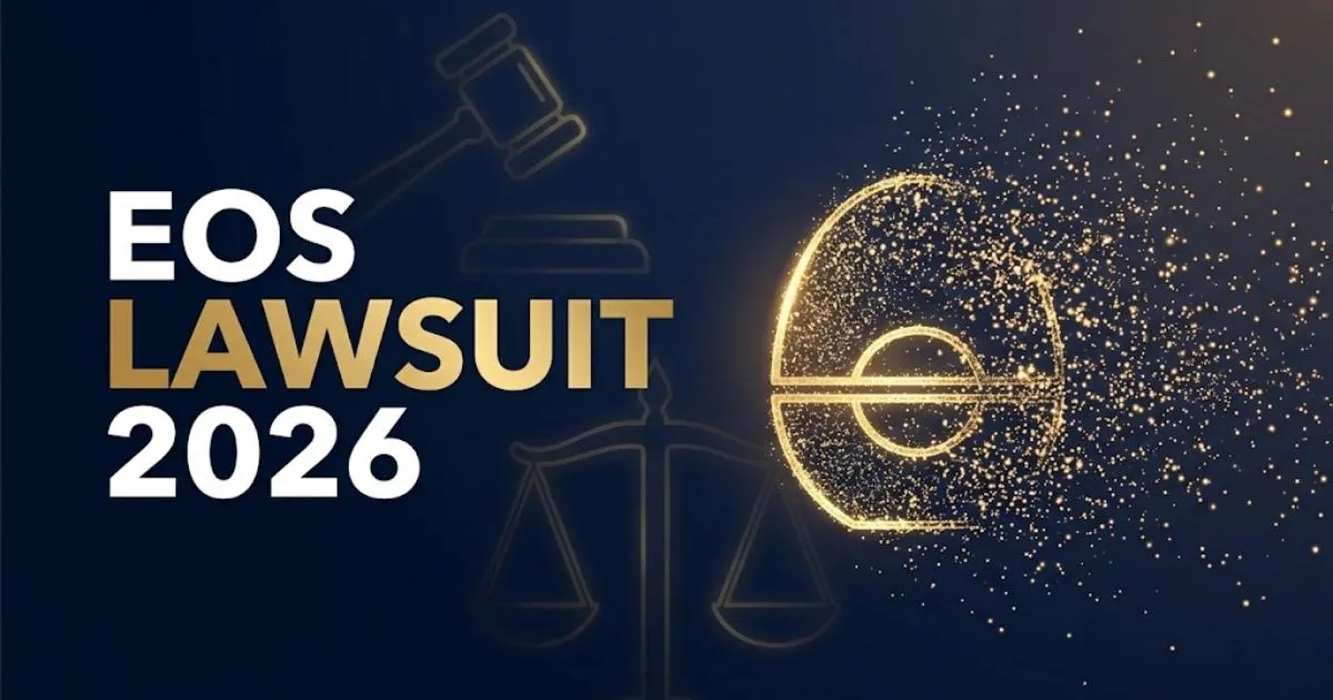 EOS lawsuit 2026 hero banner with legal symbols and lip balm icon on navy background