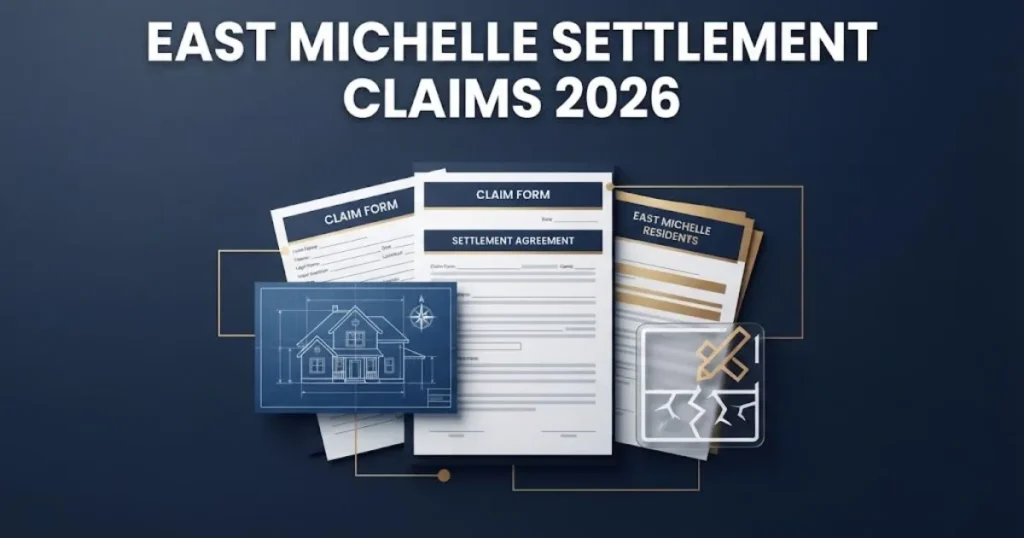 East Michelle real estate lawsuit settlement claims graphic with legal documents and blueprint on navy background