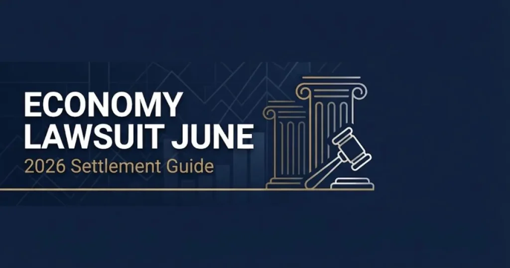 Economy lawsuit June 2026 settlement guide banner with navy background, gold courthouse icons, and bold white headline text
