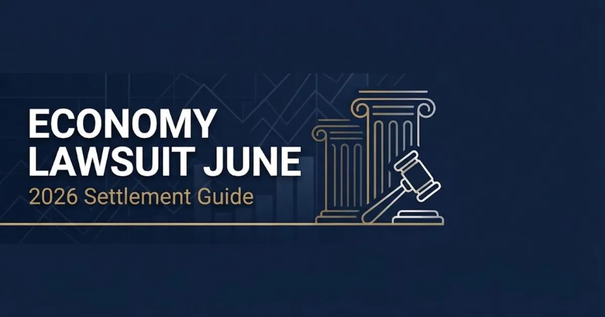 Economy lawsuit June 2026 settlement guide banner with navy background, gold courthouse icons, and bold white headline text