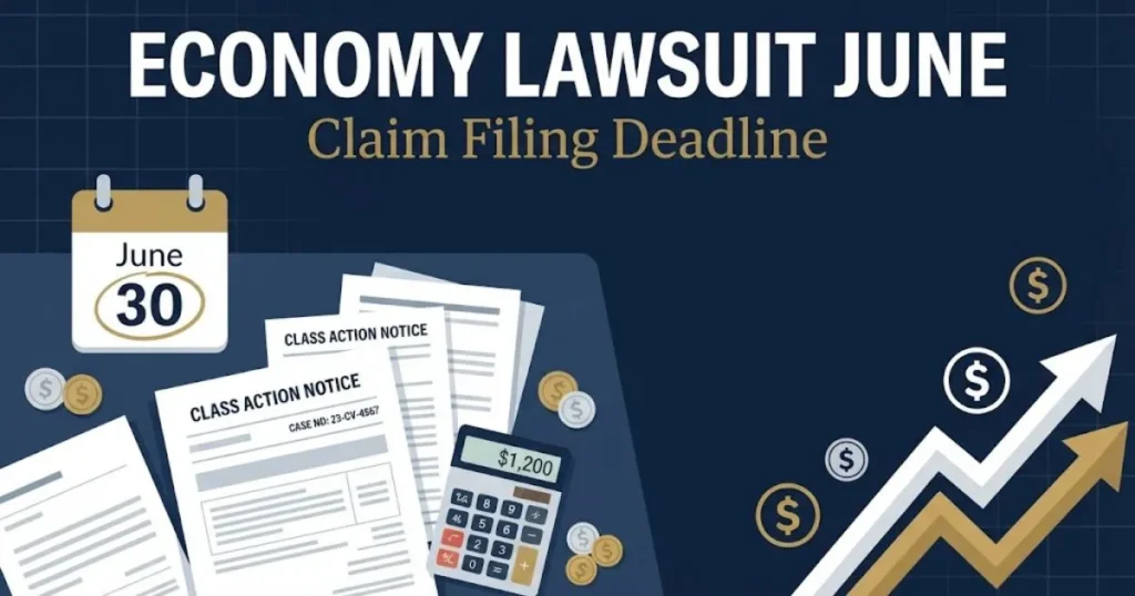 Economy lawsuit June claim filing deadline graphic with calendar icon, financial documents, and gold accent details on navy background