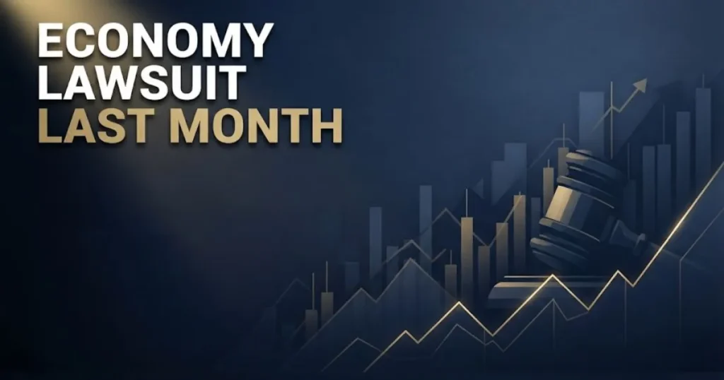 Economy lawsuit last month hero banner with gavel silhouette and price chart graphics in navy and gold