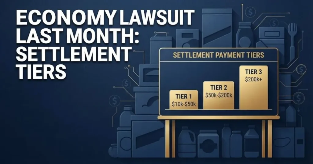 Economy lawsuit last month settlement tiers graphic with consumer product silhouettes and payout chart