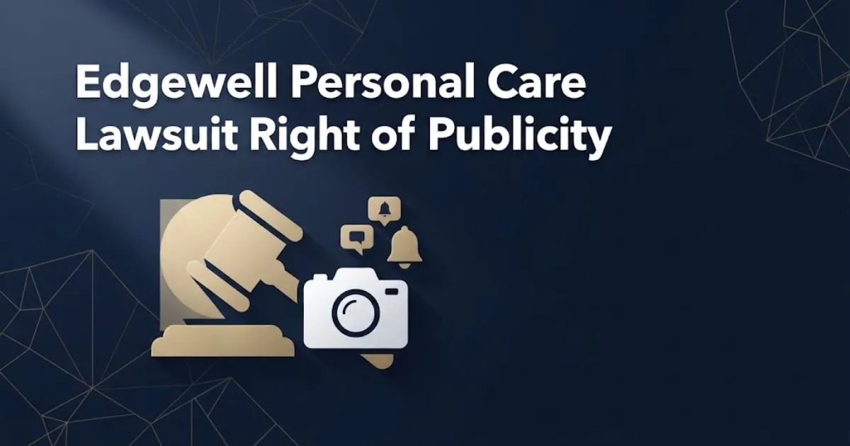 Edgewell Personal Care lawsuit right of publicity banner with gavel and digital camera icons on navy background