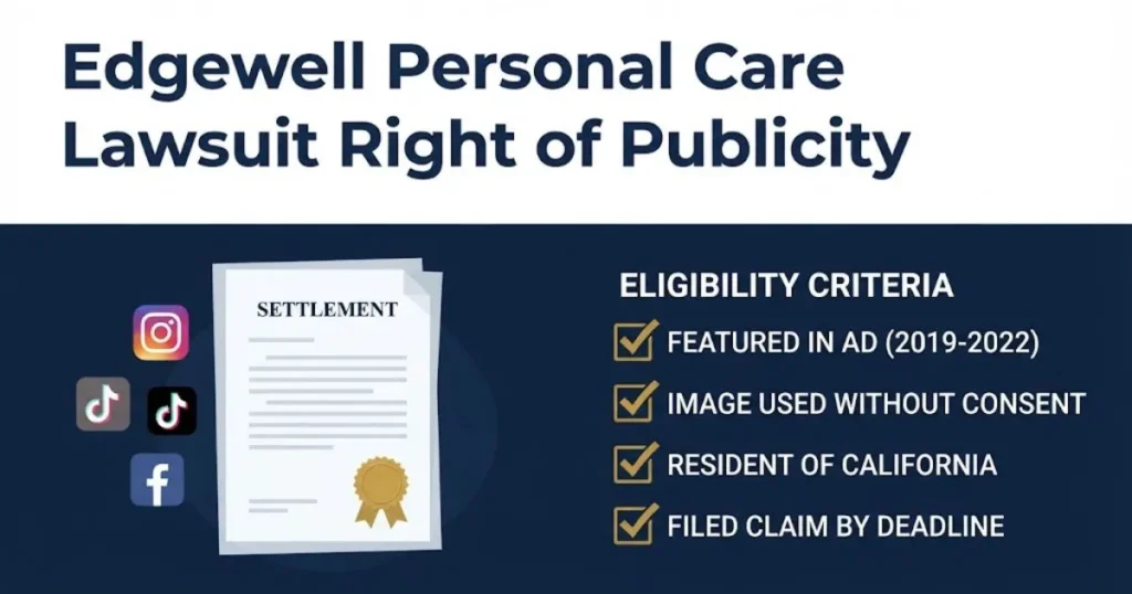 Edgewell Personal Care lawsuit right of publicity settlement eligibility graphic with social media icons