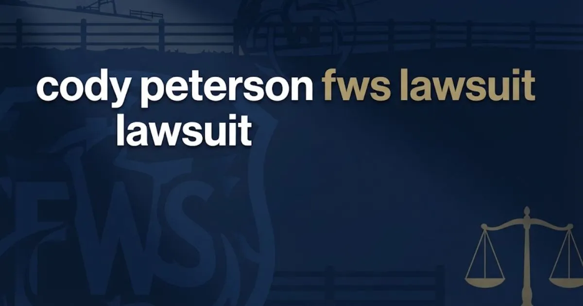 Editorial banner displaying cody peterson fws lawsuit headline with navy blue legal theme and gold justice scales