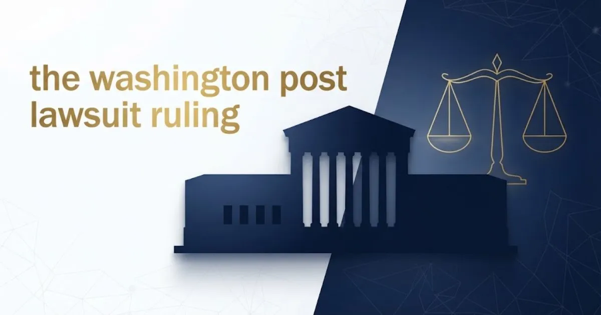 Editorial banner displaying the washington post lawsuit ruling text with courthouse silhouette and gold legal scales on navy background
