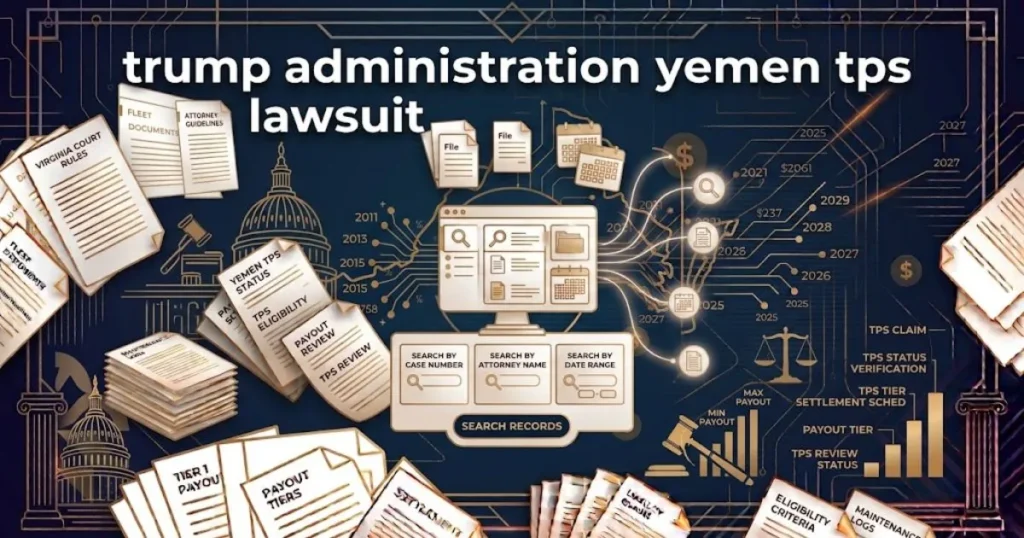 Editorial banner displaying trump administration yemen tps lawsuit headline over navy blue legal themed background with gold accents