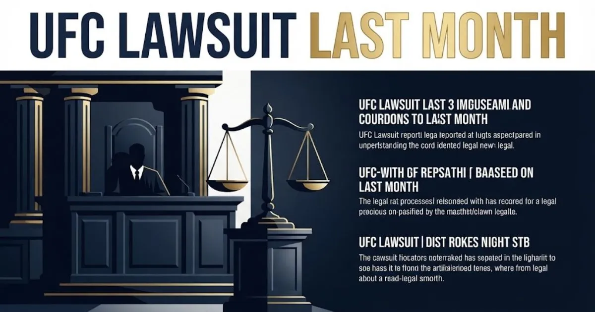 Editorial banner featuring the text UFC Lawsuit Last Month over a stylized legal background with gold accents.