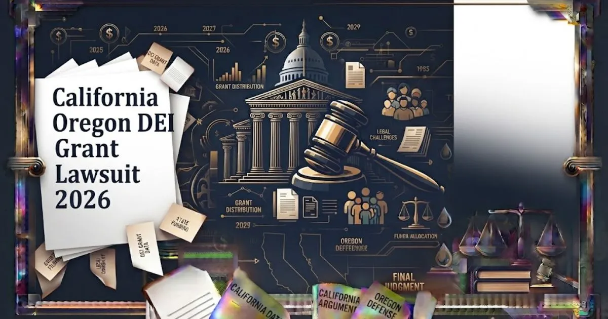 Editorial banner for California Oregon DEI grant lawsuit 2026 with courthouse and gavel icons on navy background.