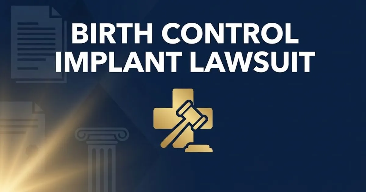 Editorial banner for birth control implant lawsuit featuring legal gavel and medical cross icon on navy background