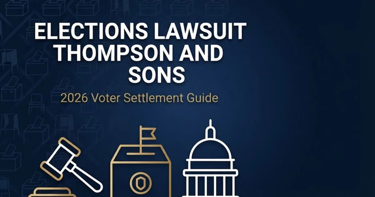 Editorial banner for elections lawsuit Thompson and Sons 2026 voter settlement guide with legal icons