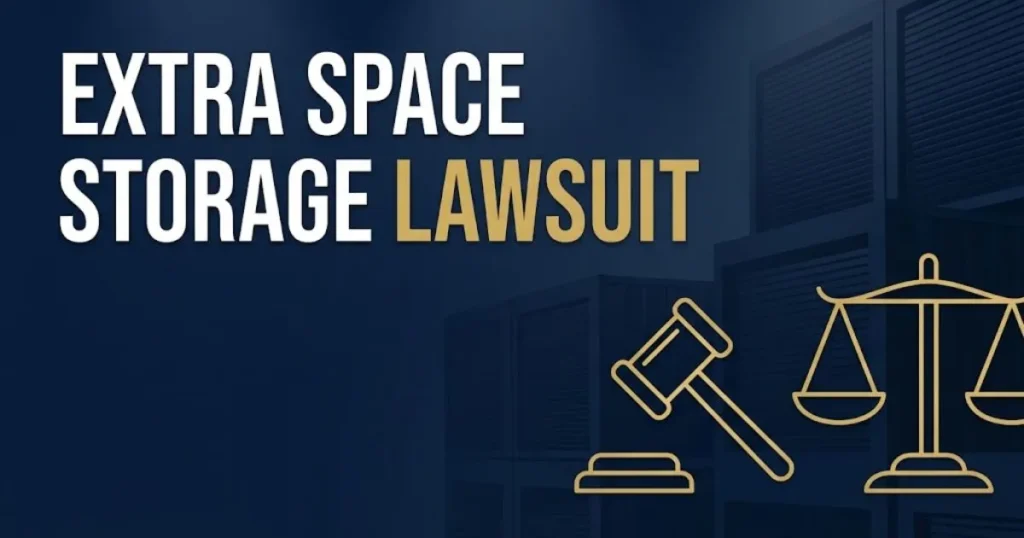 Editorial banner for extra space storage lawsuit featuring navy background with legal symbols and gold typography