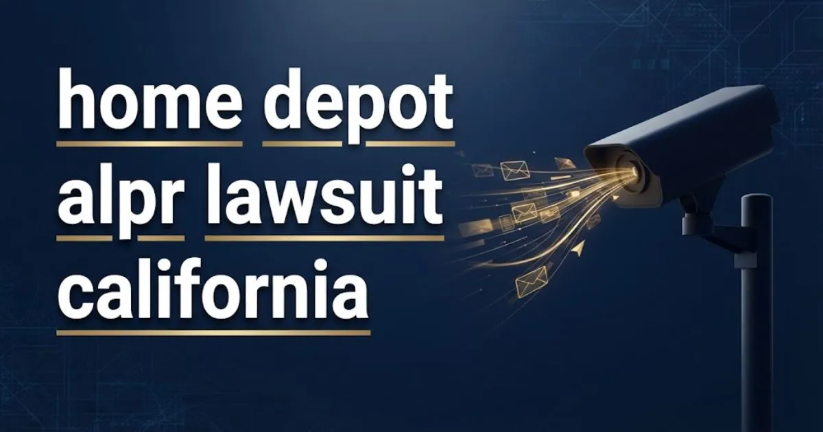 Editorial banner for home depot alpr lawsuit california with surveillance camera silhouette and data streams on navy background