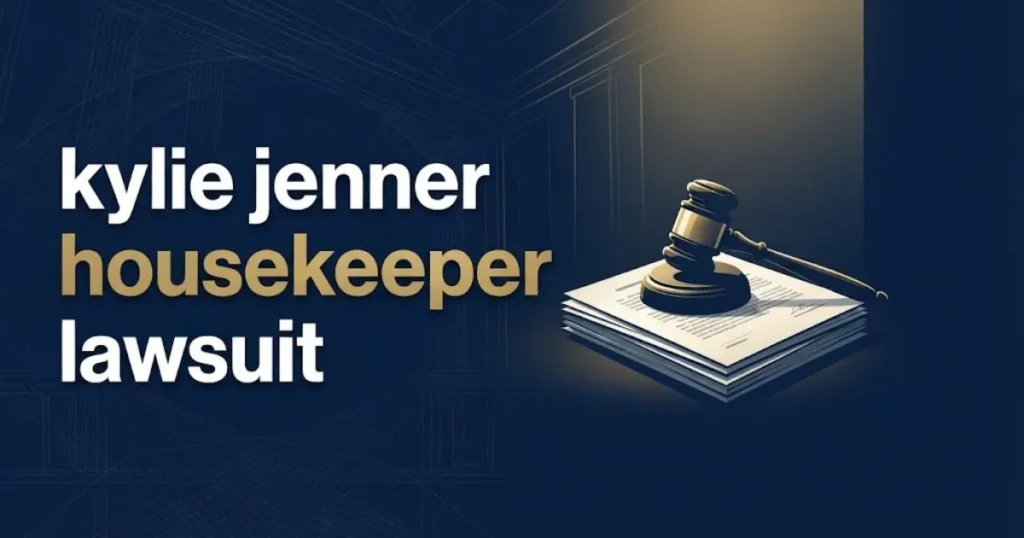 Editorial banner for kylie jenner housekeeper lawsuit with gavel and legal documents on navy background